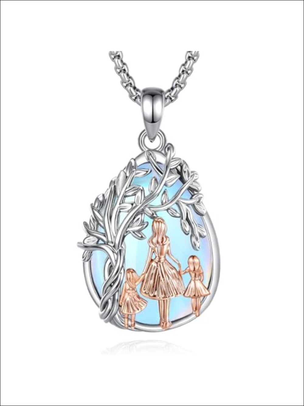 Mom & Daughter Moonstone Pendant Necklace Tree of Life Silver Plated Copper